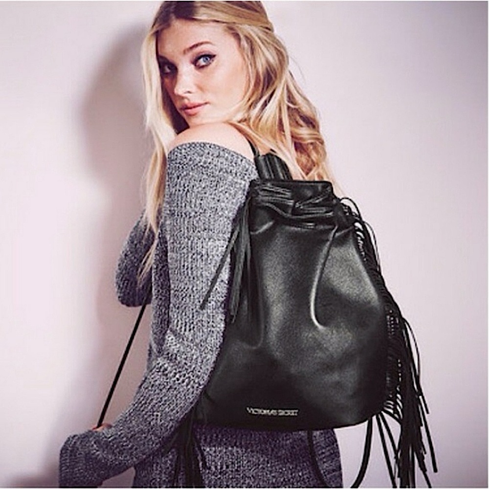 Victoria’s Secret Limited Edition Black Vegan Leather Drawstring Fringe Backpack